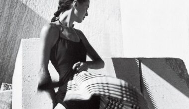 The model Sabine wears a skirt and swimsuit by Claire McCardell.
