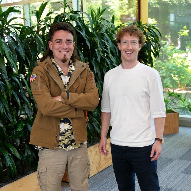 Palmer Luckey and Mark Zuckerberg, in a picture released with a statement announcing a new partnership between Anduril and Meta, on May 29, 2025.
