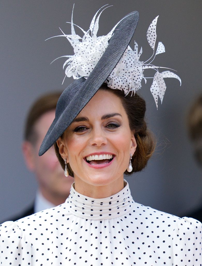 Kate Middleton, the Princess of Wales, wears polka dot dress and hat as she attends The Order of The Garter service at St George's Chapel, Windsor Castle on June 19, 2023 in Windsor, England. 