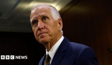 A portrait image of U.S. Sen. Thom Tillis (R-NC) at a Senate Veterans Affairs Committee hearing with U.S. Secretary of Veterans Affairs in the Dirksen Senate Office Building on May 06, 2025 in Washington, DC.