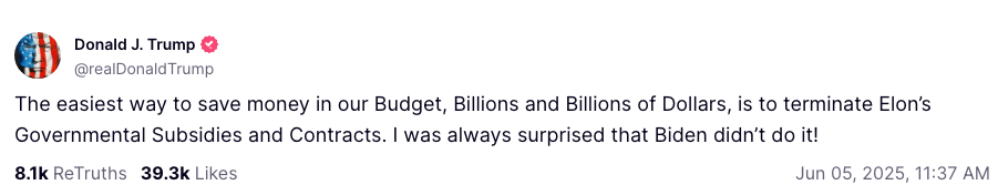 A social media post expresses surprise over a budget-saving suggestion by terminating Elon Musk's government subsidies and contracts