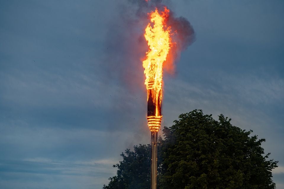 Emergency services at the scene of a 5G mast fire in Poleglass. Photo by Kevin Scott.