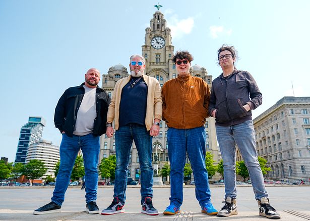 (Left to right) comedian John May, Tim Edwards the dad of Elle Edwards, composer Paddy Bennet and director Owen Ward, during an interview at The Pier Head in Liverpool about the upcoming documentary The Two of Us, which will premiere at the Raindance film festival later this month.