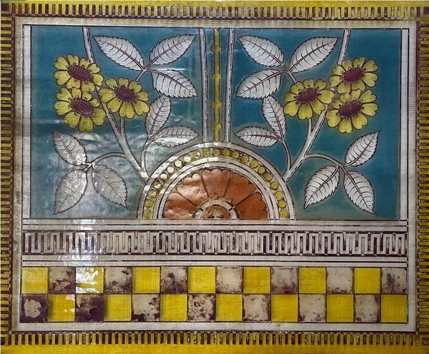 A surviving glass panel from an original window of the Old Trafford Bowling Club