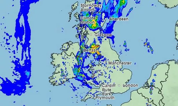 The Met Office radar map showing conditions at 12pm on Saturday.