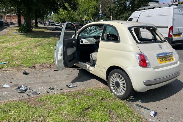 A wrecked car on Lower Broughton Road 