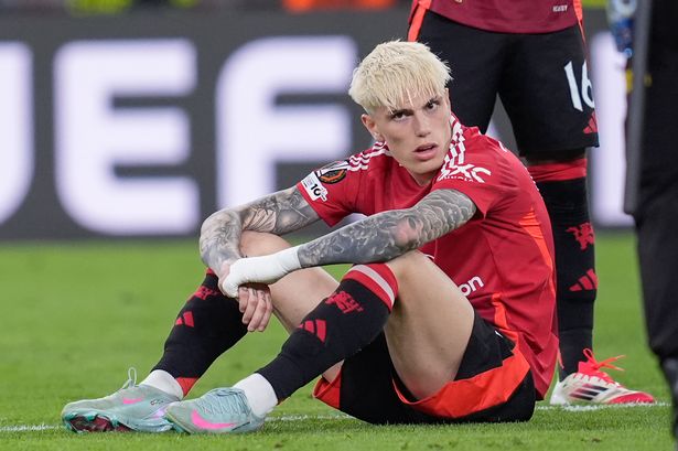 Alejandro Garnacho of Manchester United looks dejected at the end of the UEFA Europa League Final match between Tottenham Hotspur and Manchester United at San Mames Stadium on May 21, 2025