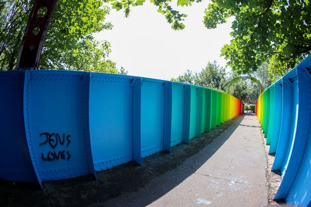The newly restored Rainbow Bridge off of Fairlawn Road Bristol, Wednesday 18 June 2025 where part of the bridge has already had new graffiti painted. 