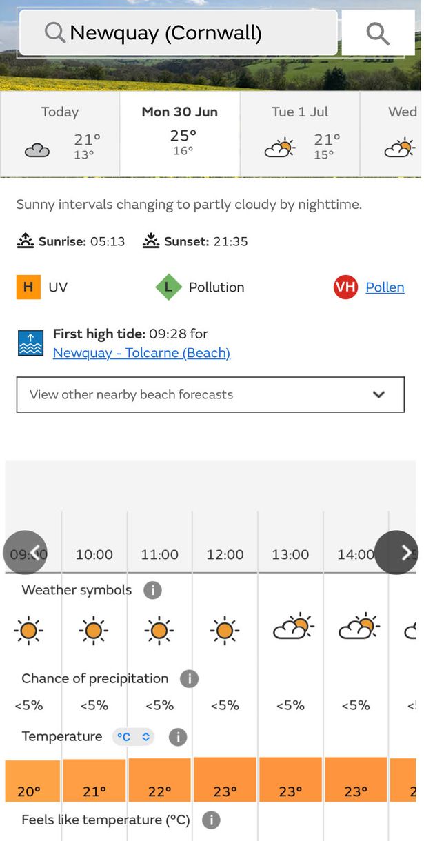 On Monday, June 30, Cornwall is expected to remain sunny from 8am till noon and cloud and sunny spells for the rest of the day with highs of 23 degrees