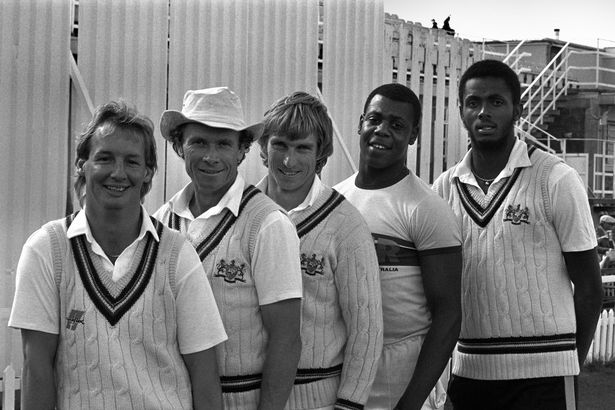 Five Gloucestershire players capped by their county, at the end of the 1985 season - left to right, Jeremy Lloyds, Brian Davidson, Kevin Curran, David Lawrence and Courtney Walsh. Photo taken on September 5, 1985.