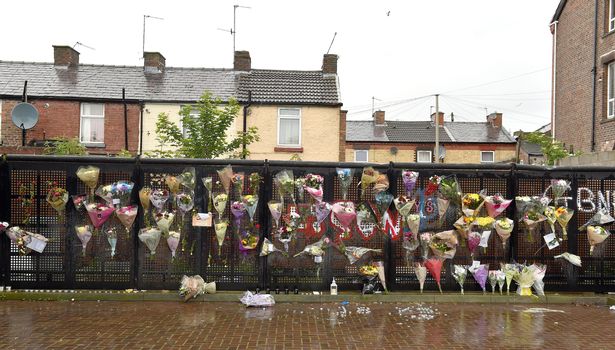 Floral tributes off Lodge Lane in Toxteth for murdered teenager Yusuf Sonko.