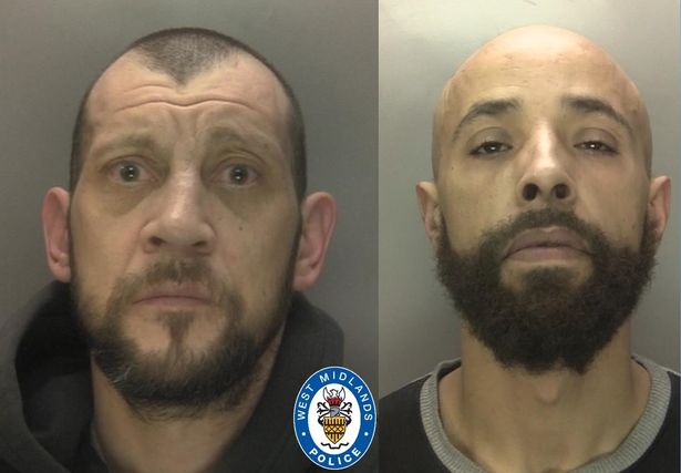 West Midlands Police custody images of Wayne Geary (left) with shaved hair and a beard and Karl Lewin (right) who is bald with a beard, both white men, who were found to have a viable converted gun in Stechford and had plans to sell it have been jailed for more than 10 years combined 