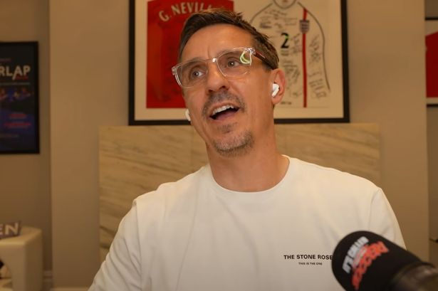 Gary Neville, pictured on the latest It's Called Soccer podcast, thinks before naming Arsenal, and not Liverpool, as his 2025-26 Premier League champions