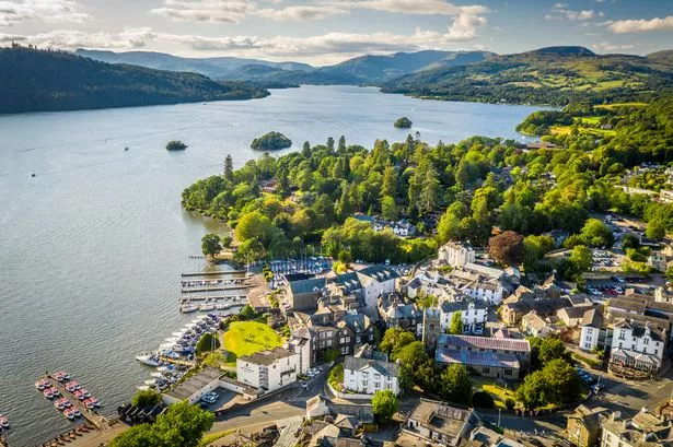 The idyllic lakeside town of Bowness-on-Windermere, Cumbria, seen from above