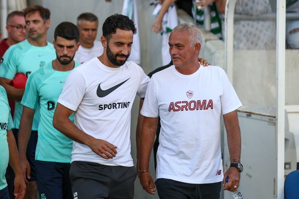Jose Mourinho in discussion with Ruben Amorim during their spells in charge of AS Roma and Sporting Lisbon respectively.
