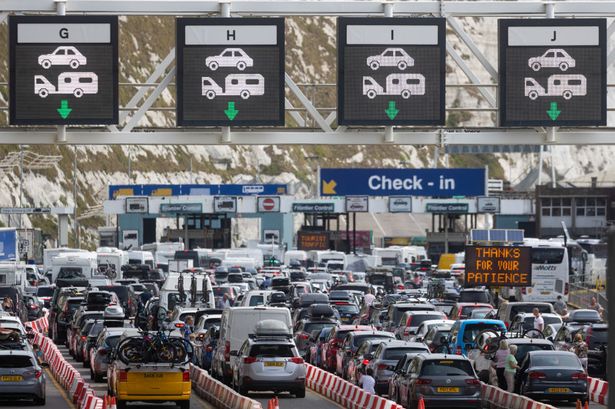 Long queues of travelers at French border control before boarding ferries from the Port of Dover Ltd