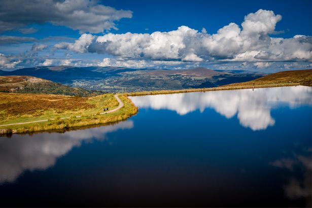 Aerial view at Brecon Beacons. Keepers Pond, The Blorenge, Abergavenny, Wales, United Kingdom