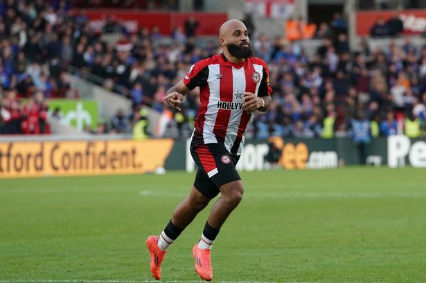 Bryan Mbeumo celebrates after scoring for Brentford at the Gtech Community Stadium.