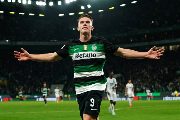 Viktor Gyokeres celebrates after scoring for Sporting Lisbon.