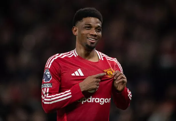 Amad celebrates after scoring at Old Trafford