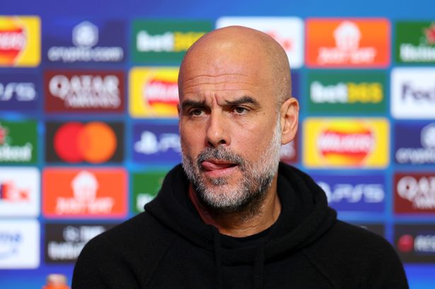 Pep Guardiola, manager of Manchester City, reacts during the UEFA Champions League 2024/25 League Knockout Play-off First Leg Press Conference at Manchester City Football Academy