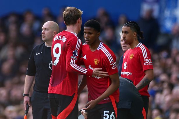 Manchester United frontmen Rasmus Hojlund (second left) and Chido Obi.