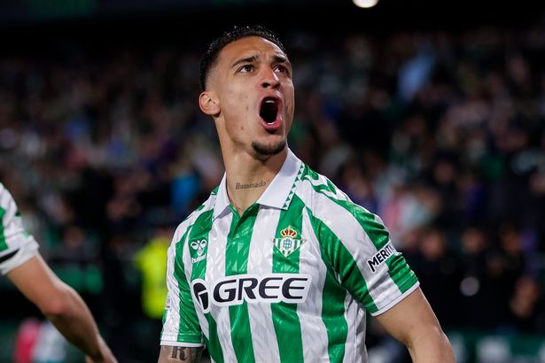 Antony celebrates after scoring for Real Betis.