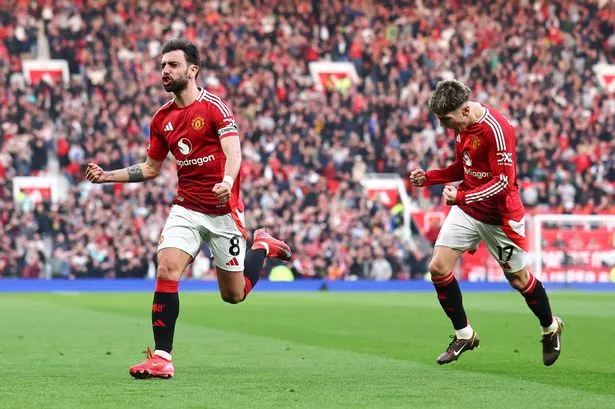 Bruno Fernandes celebrates after scoring for Manchester United against Arsenal.