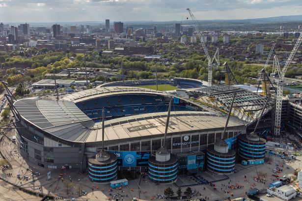 MANCHESTER, ENGLAND - APRIL 22: An aerial view of the Etihad Stadium, ahead of the Premier League match between Manchester City and Aston Villa on April 22, 2025 in Manchester, England. (Photo by Alex Dodd - CameraSport via Getty Images)