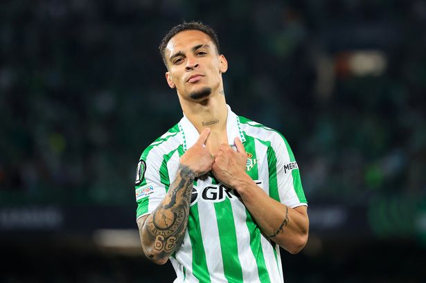 Antony celebrates after scoring for Real Betis.