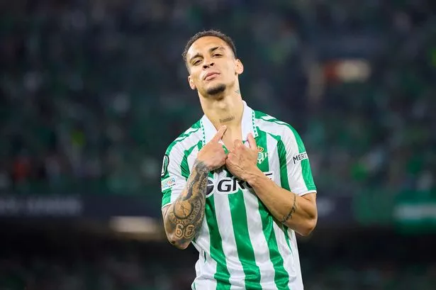 Antony celebrates after scoring for Real Betis.