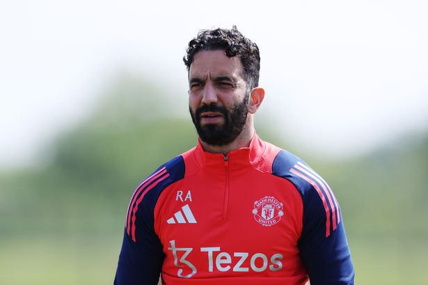 MANCHESTER, ENGLAND - MAY 07: Ruben Amorim, Manager of Manchester United, looks on during a training session ahead of the UEFA Europa League 2024/25 semi final second leg match between Manchester United and Athletic Club at Carrington Training Ground on May 07, 2025 in Manchester, England. (Photo by Alex Livesey/Getty Images)