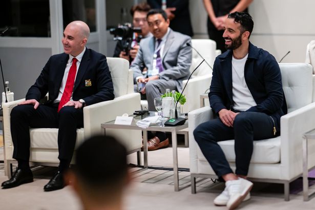 Omar Berrada and Ruben Amorim attend an event in Malaysia on the post-season tour.