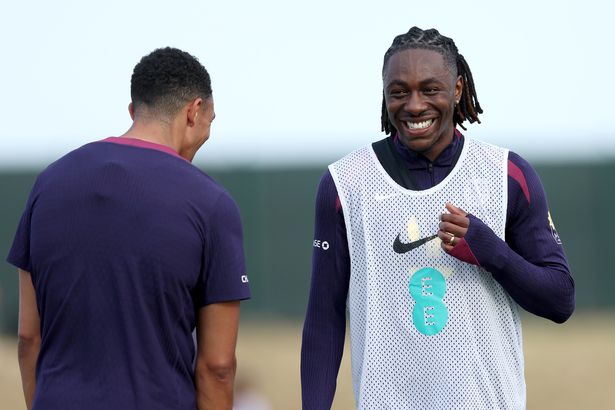 GIRONA, SPAIN - JUNE 02: Eberechi Eze of England reacts during a training session at the England Men's Senior Team's training base on June 02, 2025 in Girona, Spain (Photo by Eddie Keogh - The FA/The FA via Getty Images)