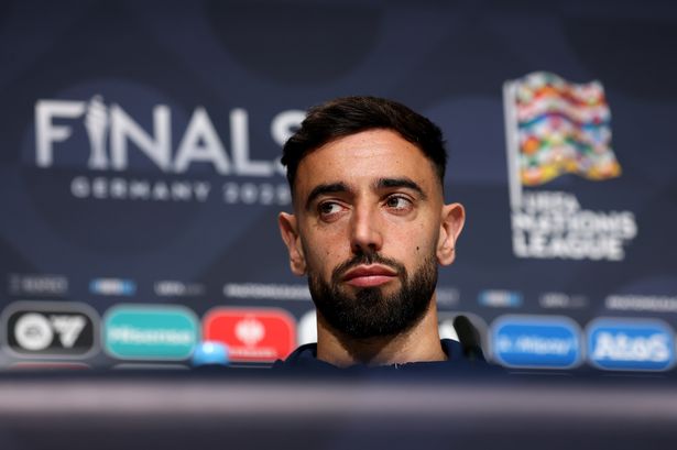 Bruno Fernandes of Portugal speaks to the media during the Portugal Press Conference ahead of the UEFA Nations League 2025 Semi-final between Germany and Portugal 