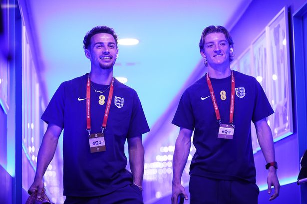 Curtis Jones and Anthony Gordon of England arrive