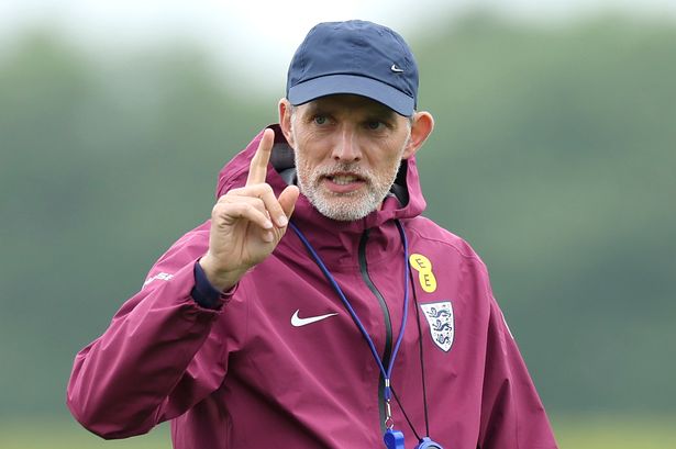 BURTON-UPON-TRENT, ENGLAND - JUNE 09: Thomas Tuchel, Head Coach of England, reacts during a training session at St Georges Park on June 09, 2025 in Burton-upon-Trent, England. (Photo by Eddie Keogh - The FA/The FA via Getty Images)