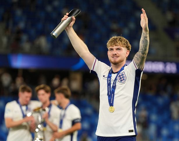 BRATISLAVA, SLOVAKIA - JUNE 28: Harvey Elliott of England celebrates with his Player of the Tournament award after the team's victory in the UEFA European Under-21 Championship 2025 Final match between England and Germany at National Football stadium on June 28, 2025 in Bratislava, Slovakia. (Photo by Christian Hofer/Getty Images)