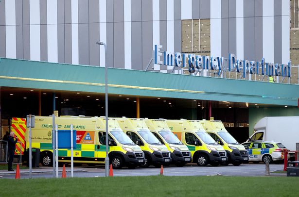 A row of ambulances outside the Accident & Emergency Department at Aintree University Hospitals NHS Foundation Trust