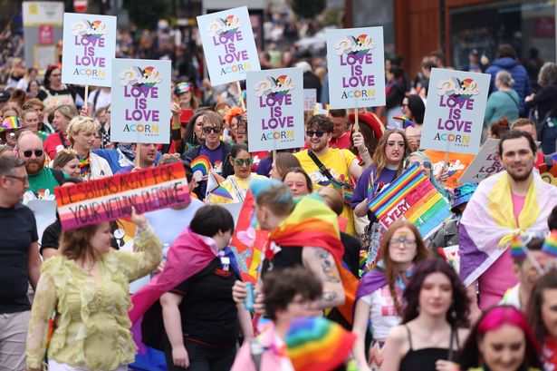 The 2024 Liverpool Pride march makes its way through the city centre