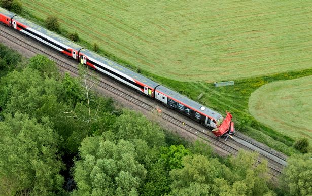 Dramatic aerial pictures capture the scene of the collision where a passenger train crashed into a tractor and trailer near to Nordan Farm, in Leominster