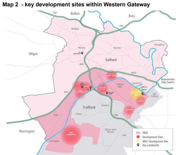 A map of the Western Gateway in Salford and Trafford.