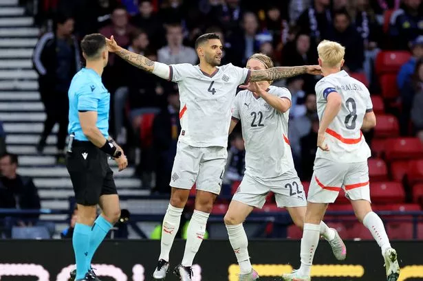 Victor Palsson of Iceland celebrates scoring his team's third goal against Scotland at Hampden