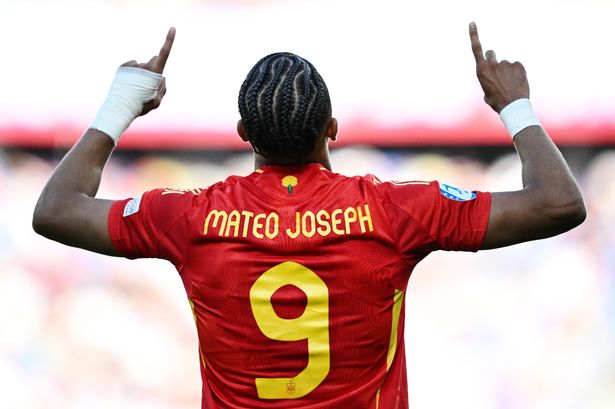 Mateo Joseph celebrates a goal for Spain at the European Under-21 Championship 