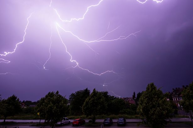 Lightning strikes during a thunderstorm.