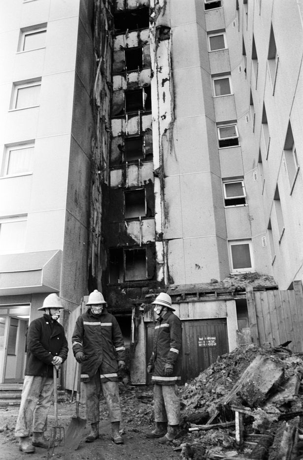 Aftermath of a fire at Knowsley Heights, Huyton, Liverpool. 5th April 1991.
