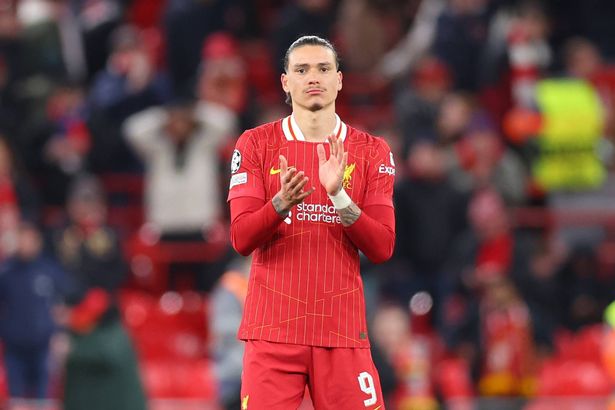 LIVERPOOL, ENGLAND - MARCH 11: Darwin Nunez of Liverpool looks dejected after the UEFA Champions League 2024/25 UEFA Champions League 2024/25 Round of 16 Second Leg match between Liverpool FC and Paris Saint-Germain at Anfield on March 11, 2025 in Liverpool, England. (Photo by Molly Darlington/Copa/Getty Images)