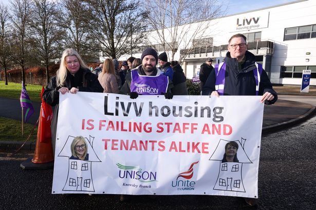A picket line outside Livv Housing Group in Prescot during strike in April