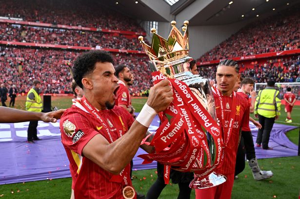Luis Diaz celebrates winning the Premier League with Liverpool