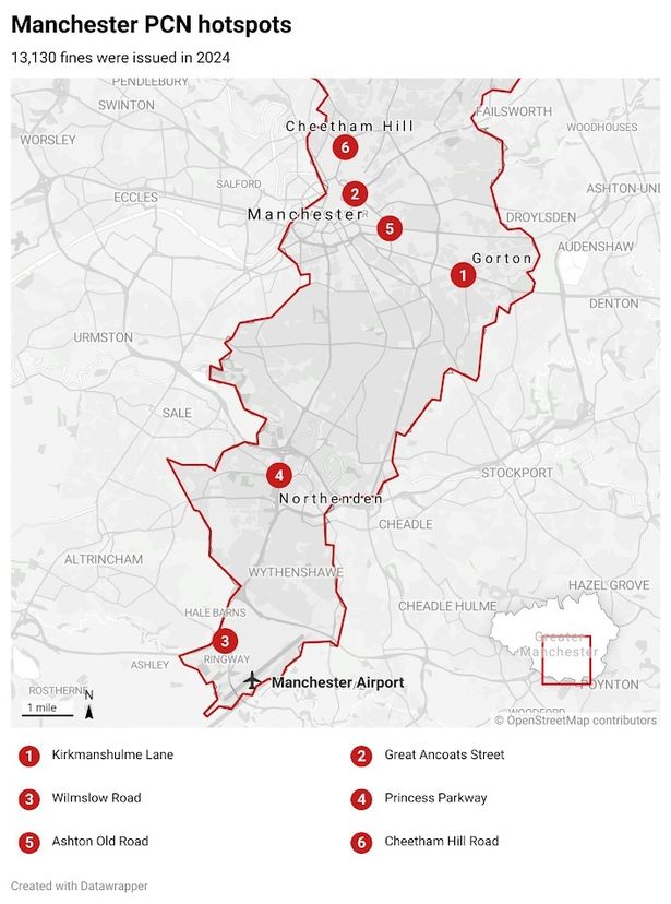 A map of six junctions where Manchester City Council issued over 13,000 fines to motorists